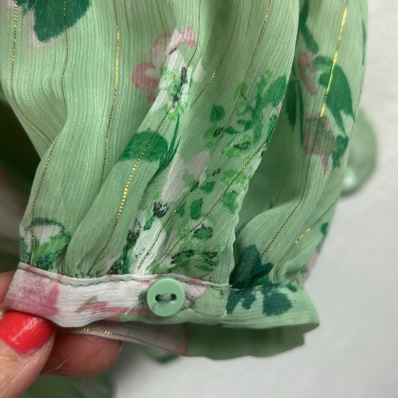 Zara floral metallic gold detail sheer button tie blouse M - Picture 9 of 11